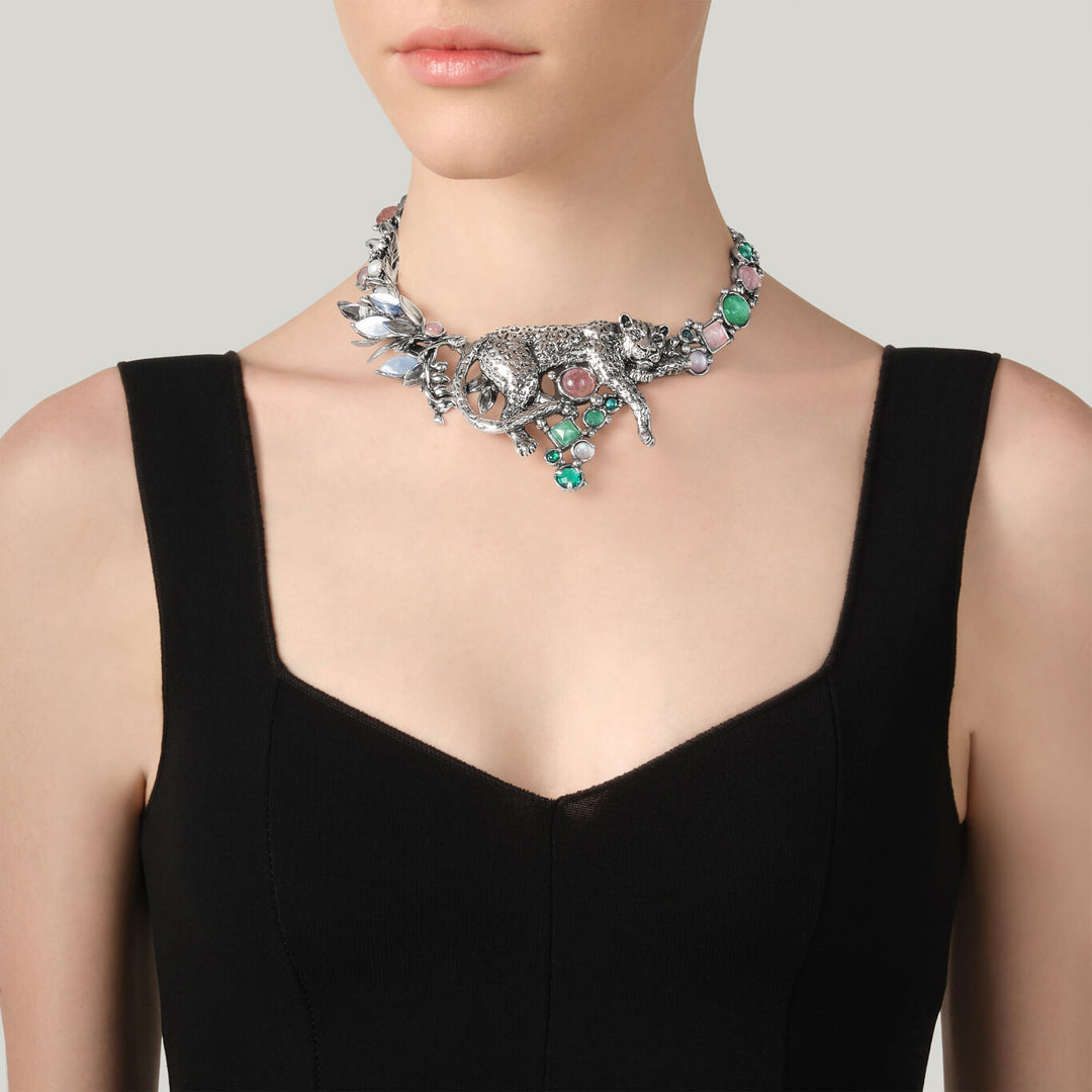 Collar Giovanni Raspini leopardo de la selva Collar en Plata 925, cuarzo natural, nácar y perlas 12627