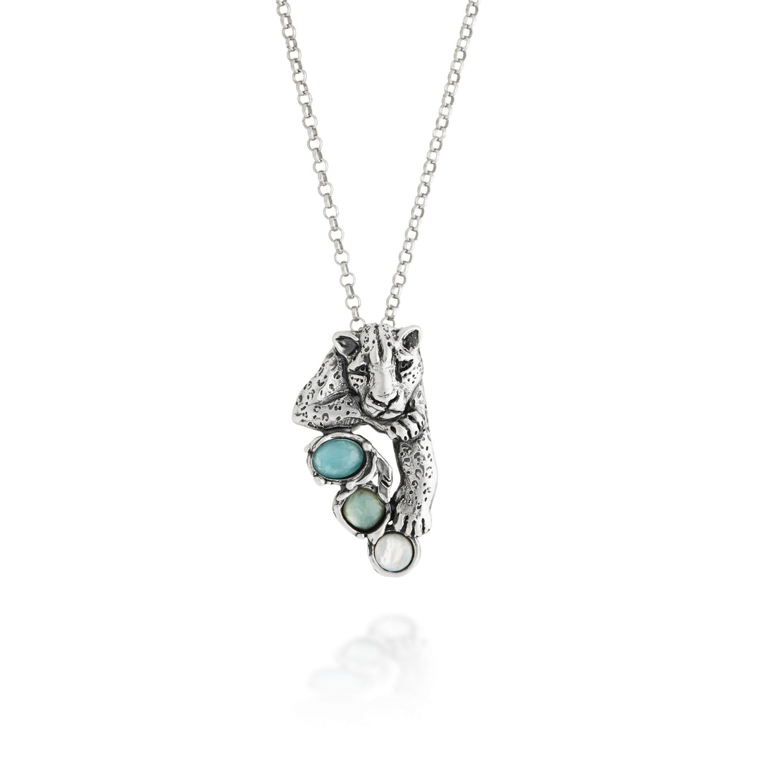 Giovanni Raspini Pendente Blue Jaguar - Collana in argento 925, madreperla, cristallo di rocca e quarzo - 12681