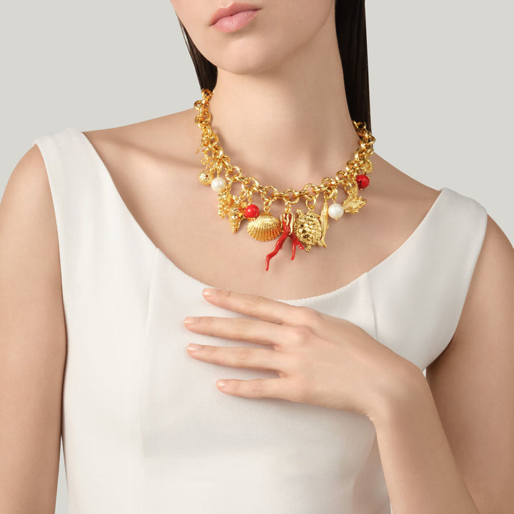 Giovanni Raspini mistral necklace 18 kt gold plated necklace with natural pearls and resin coral N0073
