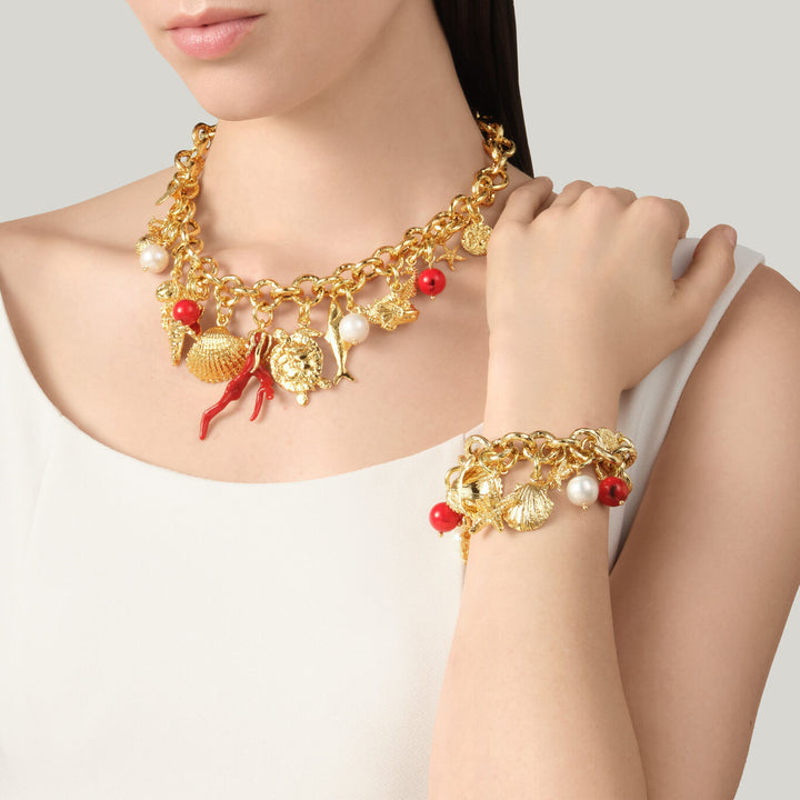 Giovanni Raspini mistral necklace 18 kt gold plated necklace with natural pearls and resin coral N0073