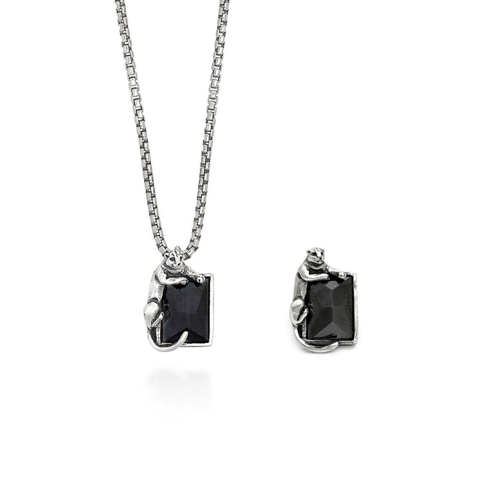 Giovanni Raspini conjunto pantera negra Collar y broche en plata 925 y hematita X01599