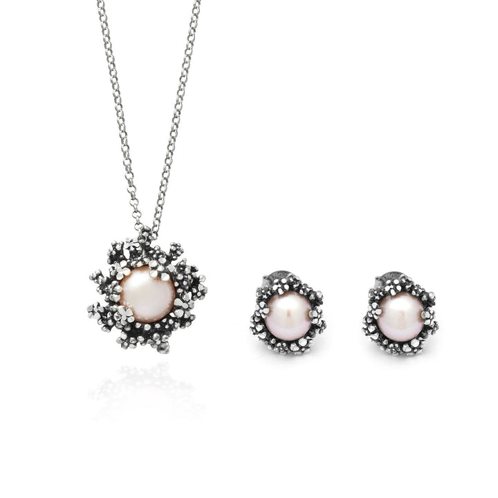 Giovanni Raspini conjunto flor Collar y pendientes en plata 925 y perlas naturales X01622