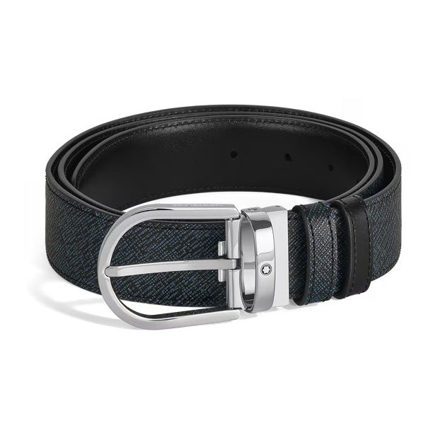 Montblanc cintura reversibile Horseshoe 35 mm pelle Sartorial tweed blu 198572