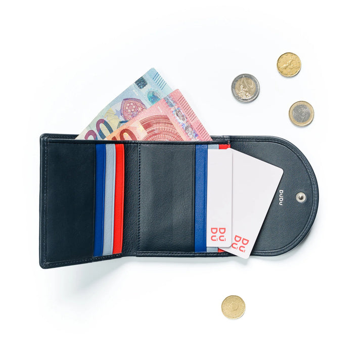 DUDU Cartera Pequeña para Mujer de Suave Piel Auténtica, Bolsillos para Tarjetas, Porta Billetes, Cremallera Trasera para Monedas, Carteras RFID con Cierre de Botones de Colores