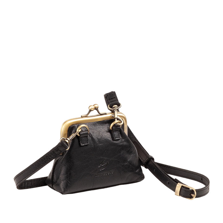 Nuvola Pelle Mini Bolso de Mujer en Auténtica Piel de Búfalo Vintage con Cierre Clic Clac - Monedero Hecho a Mano - Elegante Bolso de Mano con Bandolera Ajustable Desmontable Estilo Retro