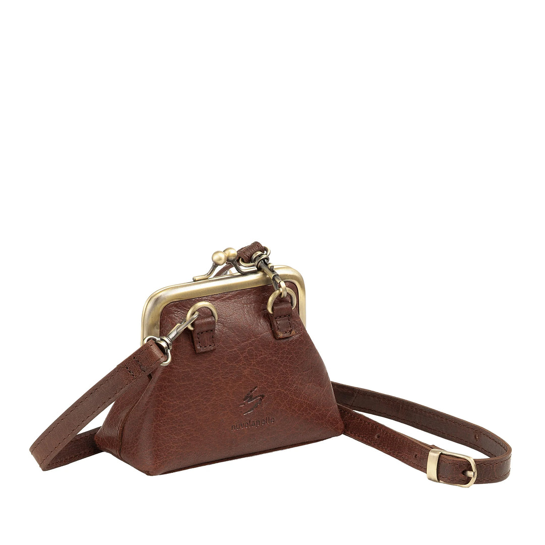 Nuvola Pelle Mini Bolso de Mujer en Auténtica Piel de Búfalo Vintage con Cierre Clic Clac - Monedero Hecho a Mano - Elegante Bolso de Mano con Bandolera Ajustable Desmontable Estilo Retro