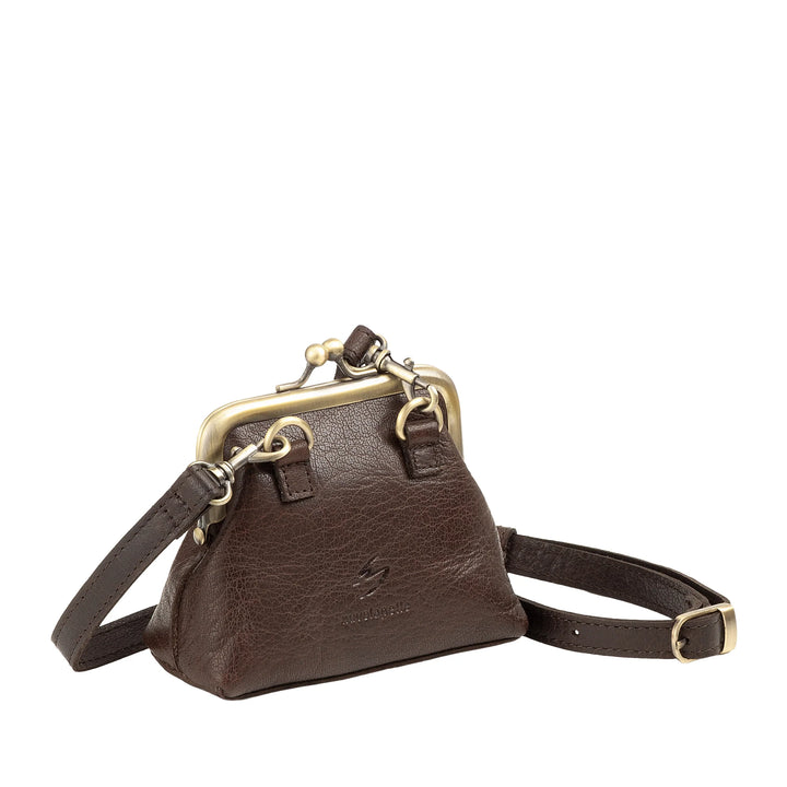 Nuvola Pelle Mini Bolso de Mujer en Auténtica Piel de Búfalo Vintage con Cierre Clic Clac - Monedero Hecho a Mano - Elegante Bolso de Mano con Bandolera Ajustable Desmontable Estilo Retro