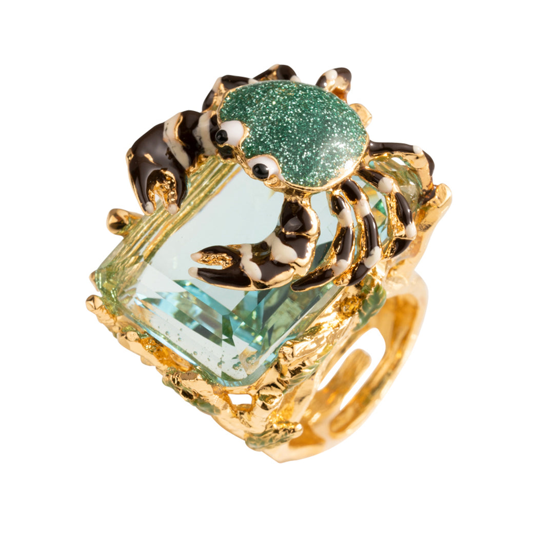 Federica Rossi Gonchio Bronze Ring PVD -afwerking Geel goud 18kt Quartz Nagellak Aquamarina Fr.An.02