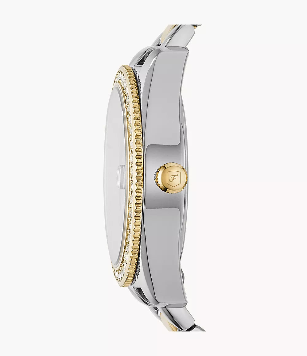Reloj Fossil Scarlette 33mm acero cuarzo plateado PVD acabado oro amarillo ES4319