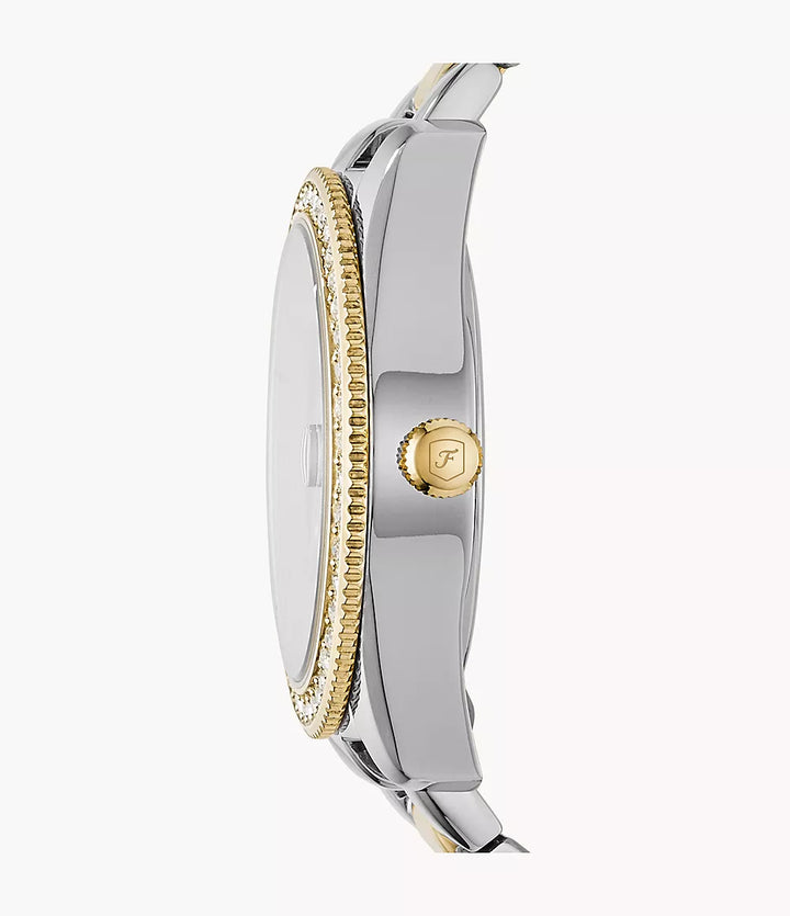 Reloj Fossil Scarlette 33mm acero cuarzo plateado PVD acabado oro amarillo ES4319