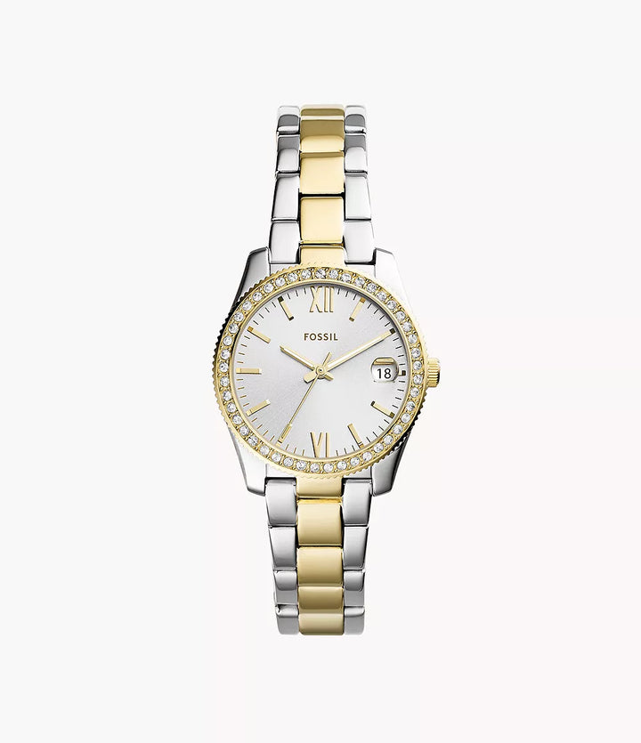 Reloj Fossil Scarlette 33mm acero cuarzo plateado PVD acabado oro amarillo ES4319