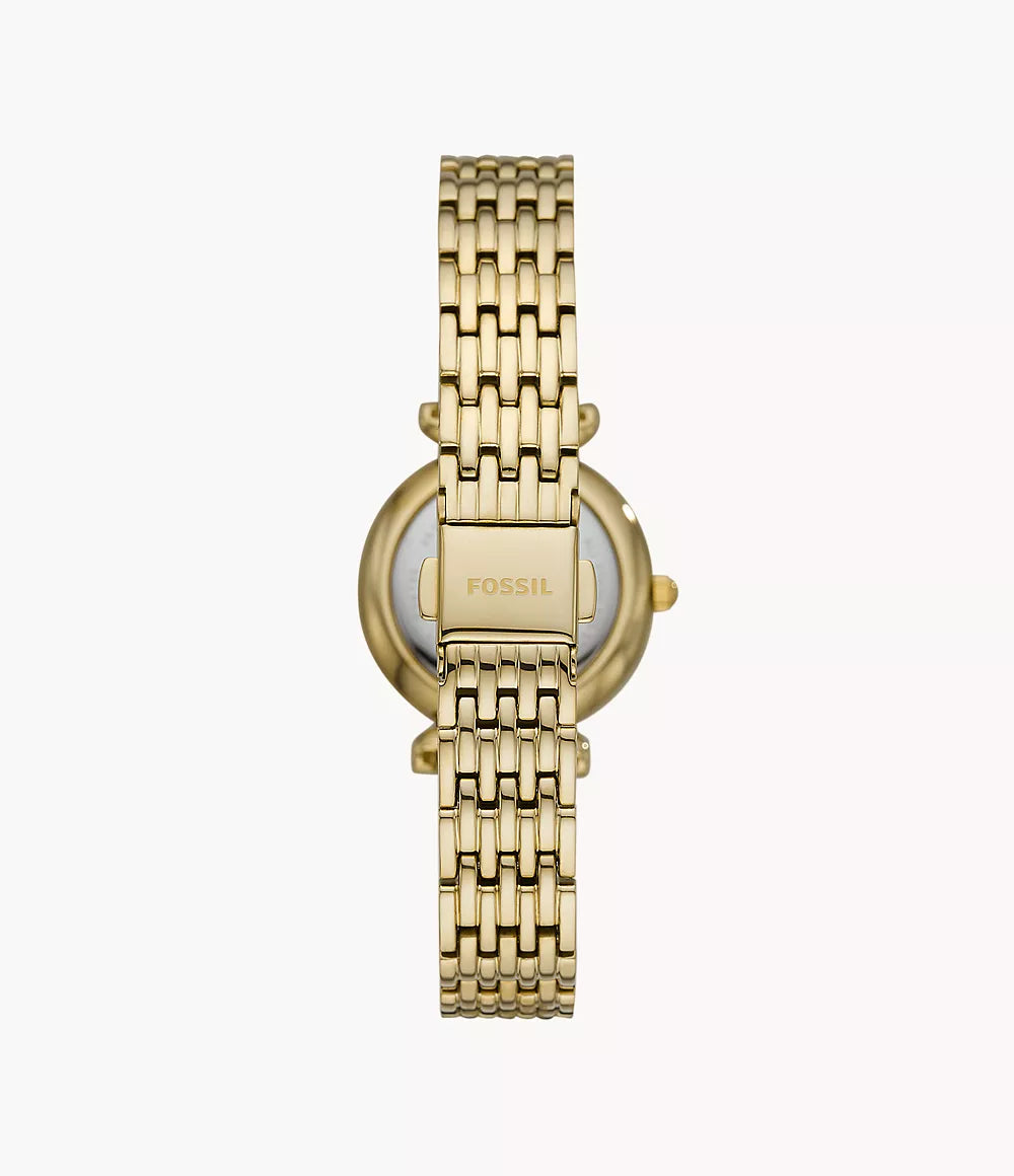 Montre Fossil Carlie Mini Mini 28mm nacre quartz acier finition PVD or jaune ES4699