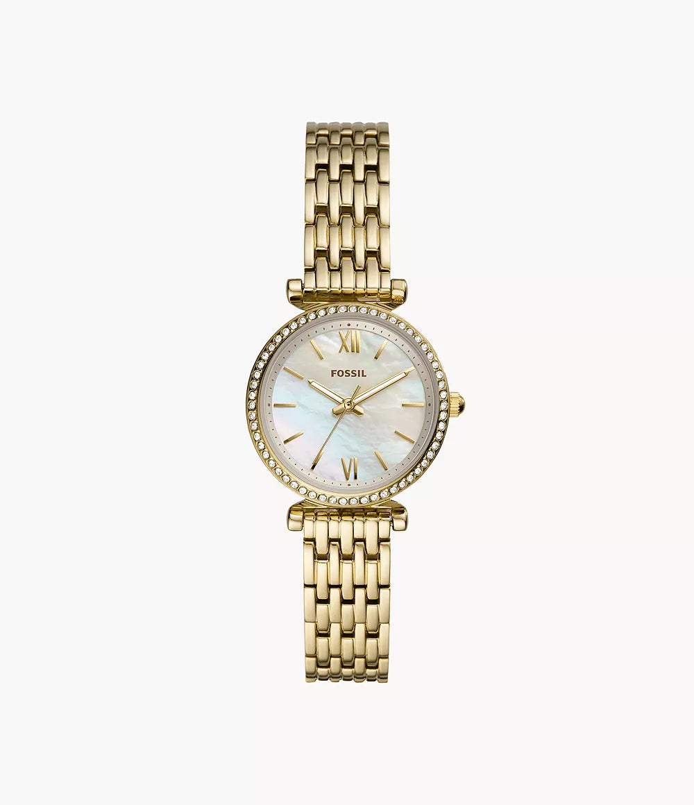 Montre Fossil Carlie Mini Mini 28mm nacre quartz acier finition PVD or jaune ES4699