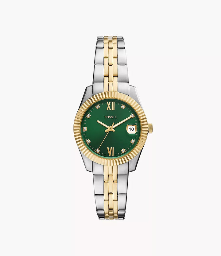 Reloj Fossil Scarlette 33mm cuarzo verde acero acabado PVD oro amarillo ES5388