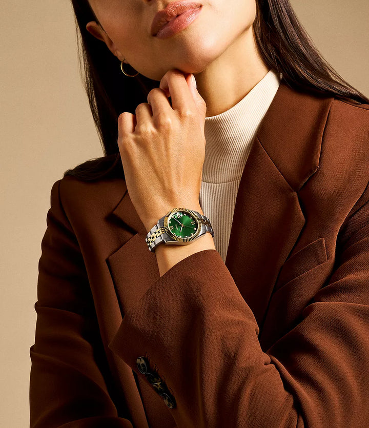 Reloj Fossil Scarlette 33mm cuarzo verde acero acabado PVD oro amarillo ES5388