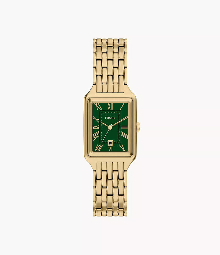 Reloj Fossil Raquel 23mm acero cuarzo verde acabado PVD oro amarillo ES5452