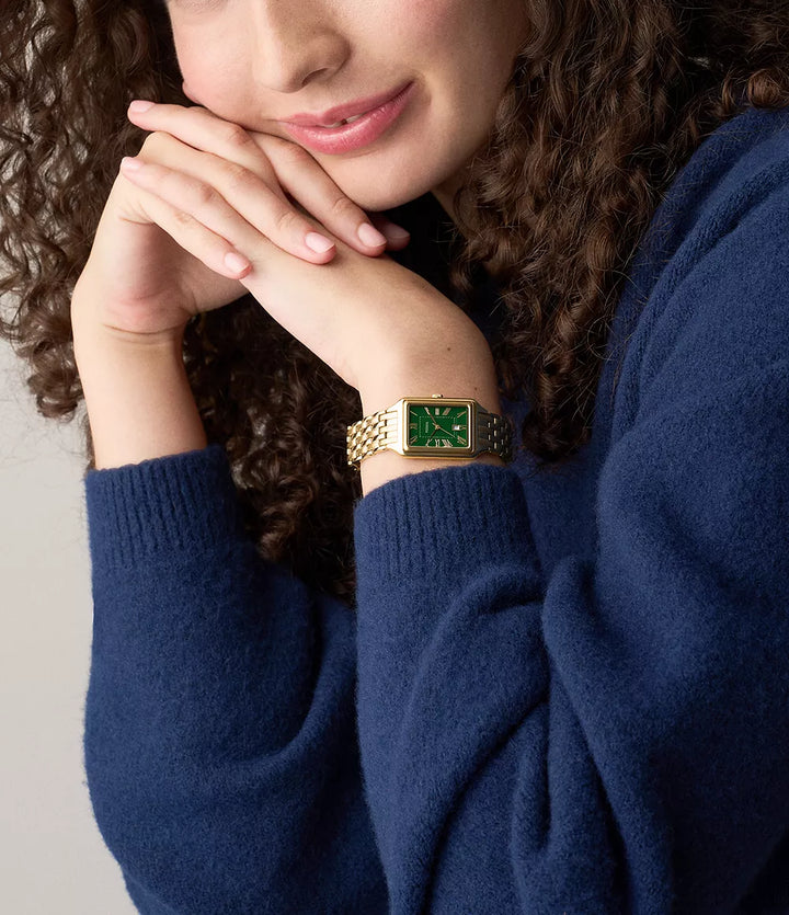 Reloj Fossil Raquel 23mm acero cuarzo verde acabado PVD oro amarillo ES5452