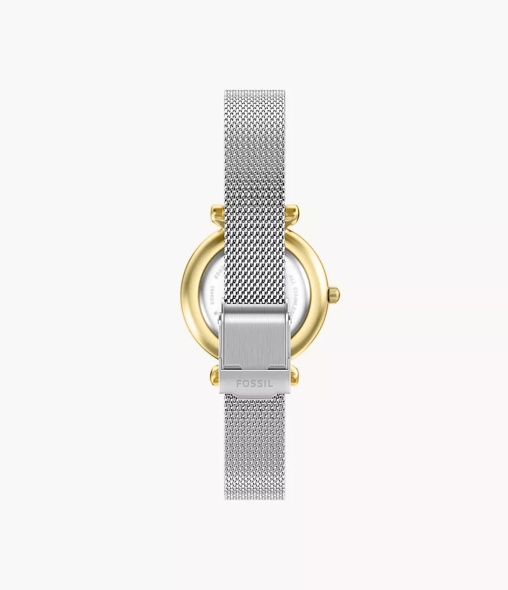 Reloj Fossil Carlie Mini Mini 28mm nácar cuarzo acero acabados PVD oro amarillo ES5463