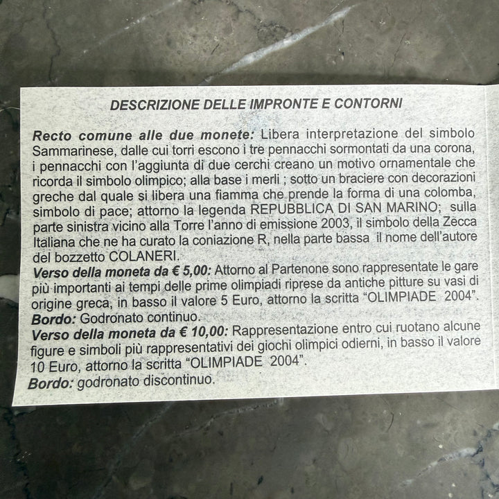 Monete in argento 5€ 10€ Repubblica di San Marino Olimpiade 2004