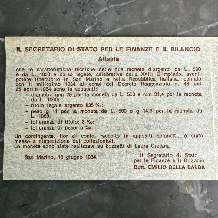 Monedas de plata 500 1000 Lire República de San Marino XXIII Juegos Olímpicos 1984