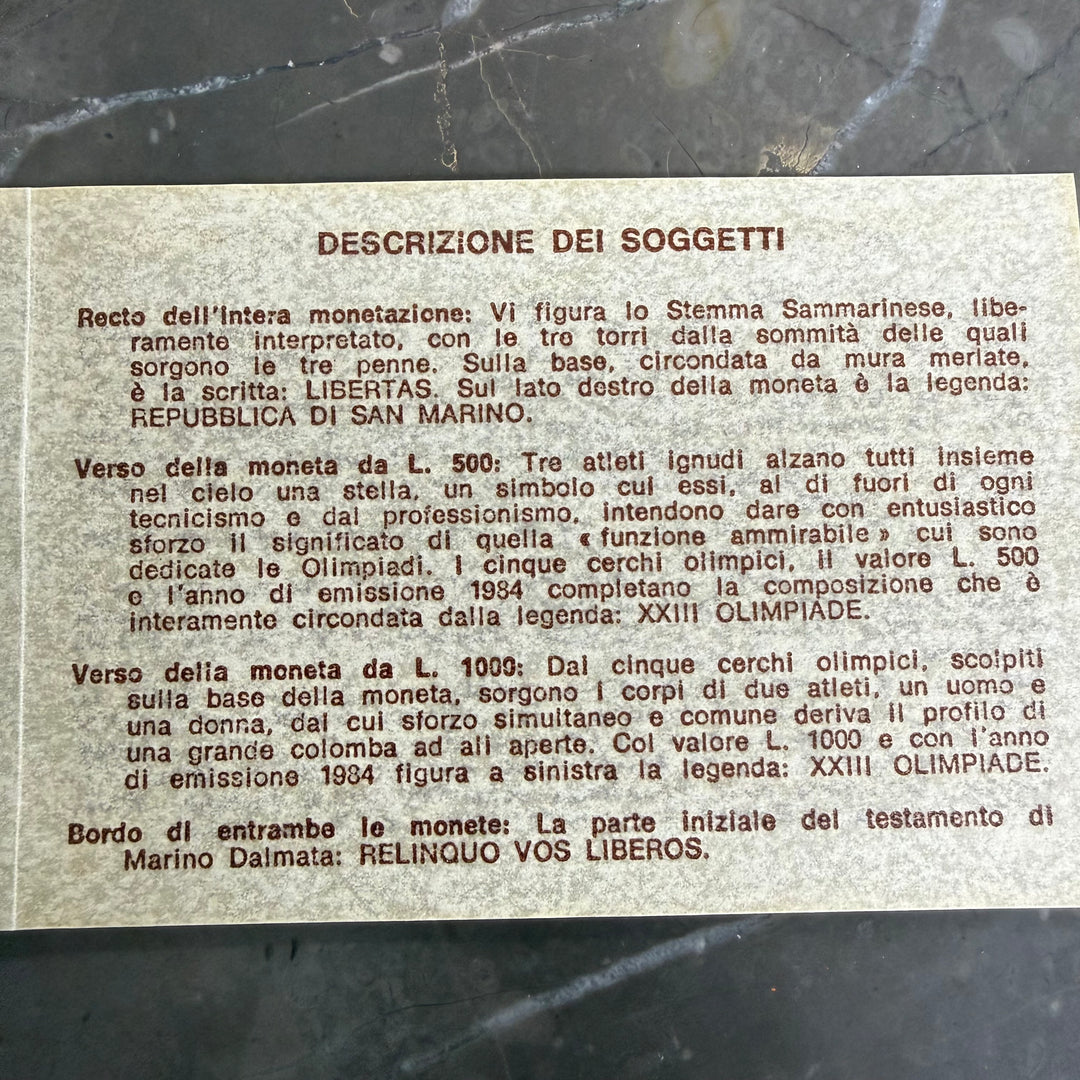 Monedas de plata 500 1000 Lire República de San Marino XXIII Juegos Olímpicos 1984