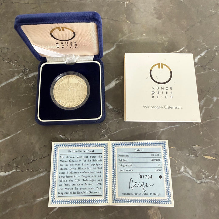 Pièce en argent 100 shillings autrichiens 200e décès de Wolfgang Amadeus Mozart 1991