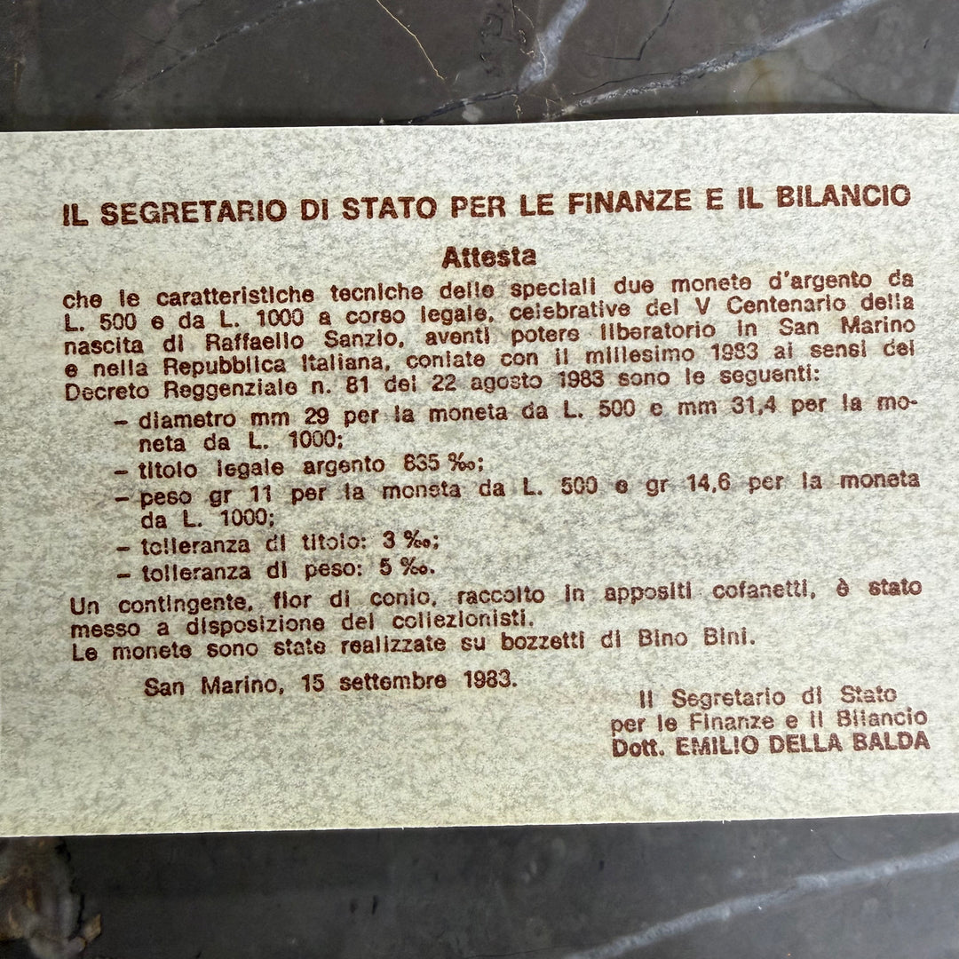 Monnaies en argent 500 1000 Lire République de Saint-Marin V Centenaire de naissance Raffaello Sanzio 1983