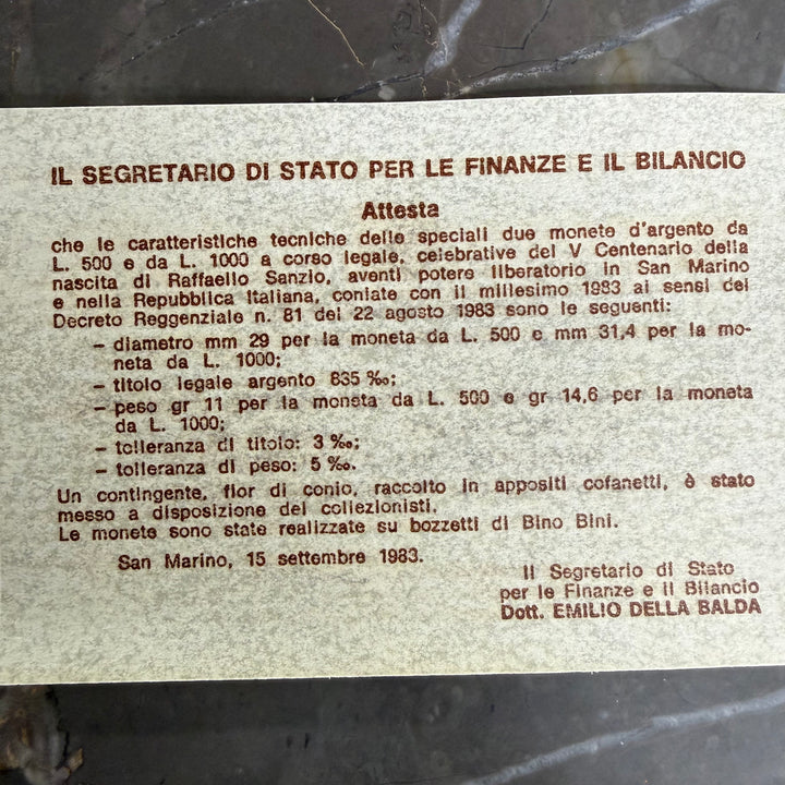 Monnaies en argent 500 1000 Lire République de Saint-Marin V Centenaire de naissance Raffaello Sanzio 1983