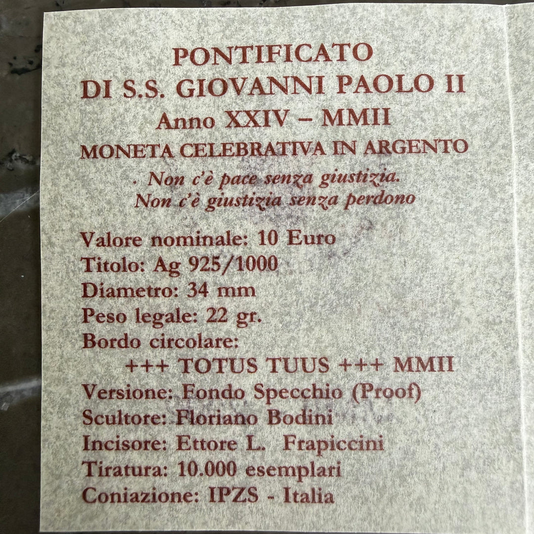 Pièce en argent 10€ Pontificat de Sa Sainteté Jean-Paul II Année XXIV 2002