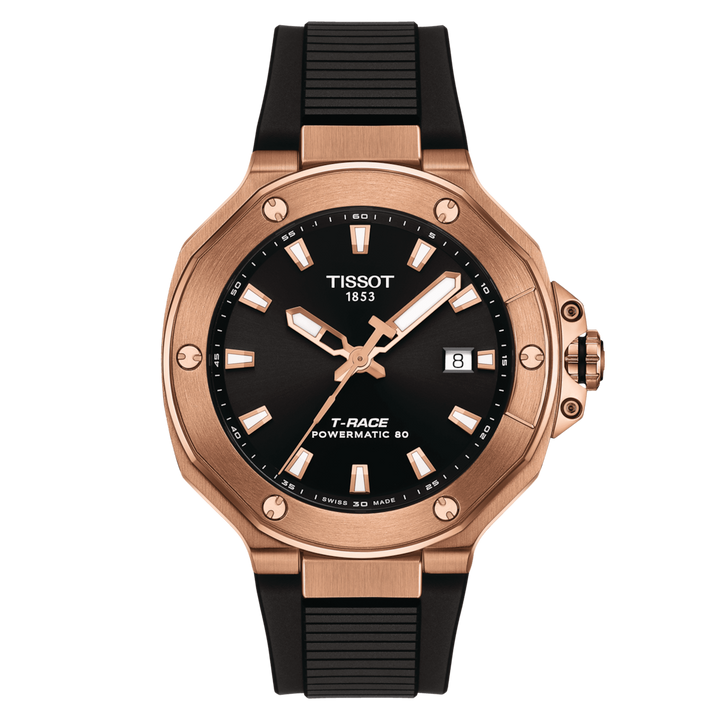 Montre Tissot T-Race Powermatic 80 41mm noir automatique en acier finition PVD or rose T141.807.37.051.00