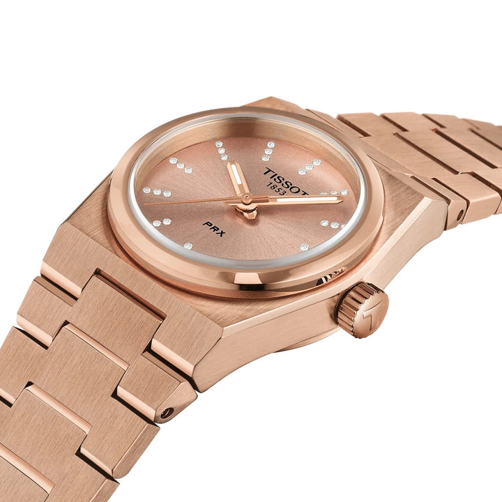 Tissot watch PRX 25mm rose gold diamonds quartz steel PVD rose gold finish T137.010.33.506.00