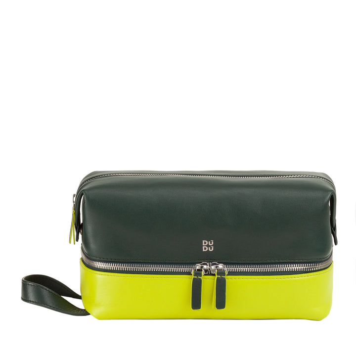 DUDU Neceser de Viaje para Hombre y Mujer, Neceser de Piel Coloreada Hecho a Mano, 2 Compartimentos con Asa