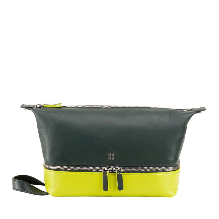 DUDU Neceser de Viaje para Hombre y Mujer, Neceser de Piel Coloreada Hecho a Mano, 2 Compartimentos con Asa