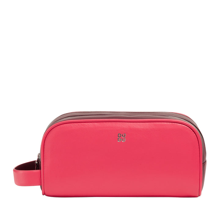 DUDU Trousse de beauté de voyage pour homme et femme en cuir souple durable, trousse de toilette à double fermeture éclair, intérieur hydrofuge, sac à main avec poignée