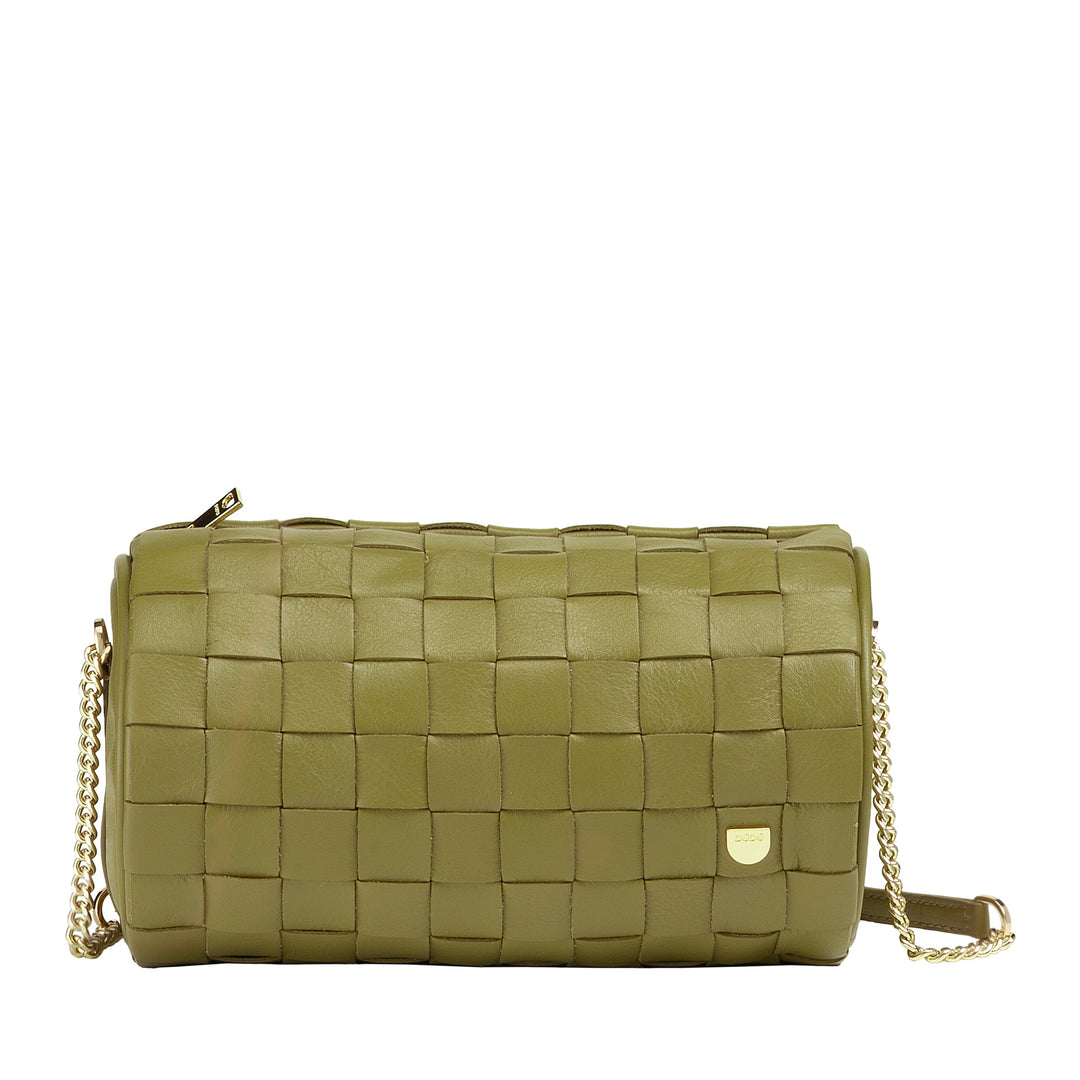 DUDU Sac Cylindre pour Femme en Cuir Véritable Tressé avec Bandoulière en Chaîne, Élégant - Design Artisanal, Sac à Bandoulière Cylindrique de Luxe pour Occasions Décontractées et Spéciales