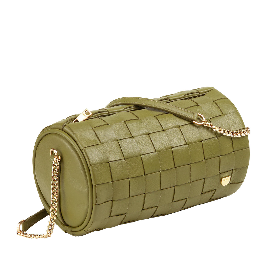 DUDU Sac Cylindre pour Femme en Cuir Véritable Tressé avec Bandoulière en Chaîne, Élégant - Design Artisanal, Sac à Bandoulière Cylindrique de Luxe pour Occasions Décontractées et Spéciales