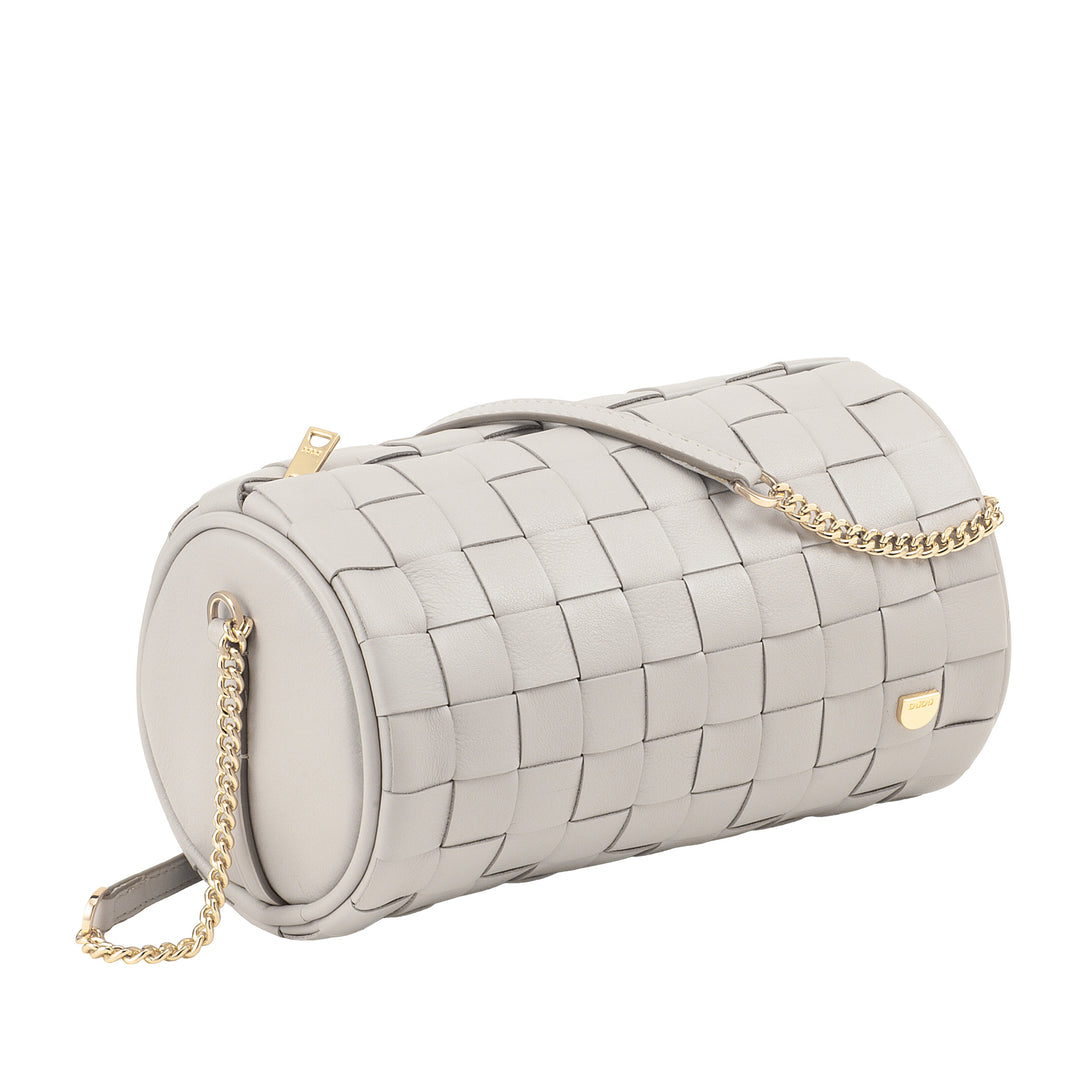 DUDU Sac Cylindre pour Femme en Cuir Véritable Tressé avec Bandoulière en Chaîne, Élégant - Design Artisanal, Sac à Bandoulière Cylindrique de Luxe pour Occasions Décontractées et Spéciales