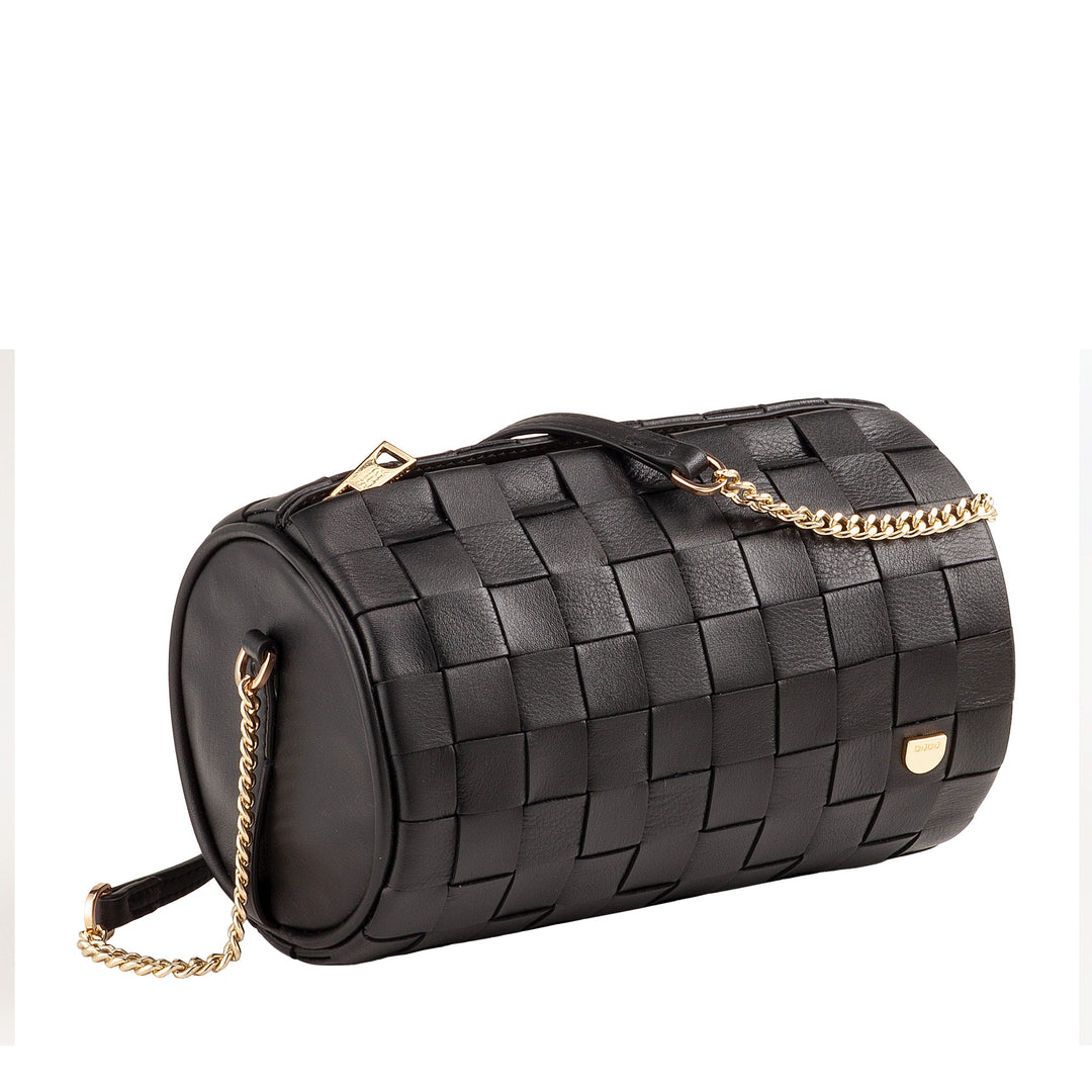 DUDU Sac Cylindre pour Femme en Cuir Véritable Tressé avec Bandoulière en Chaîne, Élégant - Design Artisanal, Sac à Bandoulière Cylindrique de Luxe pour Occasions Décontractées et Spéciales
