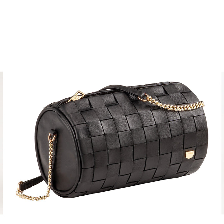 DUDU Sac Cylindre pour Femme en Cuir Véritable Tressé avec Bandoulière en Chaîne, Élégant - Design Artisanal, Sac à Bandoulière Cylindrique de Luxe pour Occasions Décontractées et Spéciales