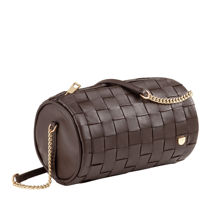 DUDU Sac Cylindre pour Femme en Cuir Véritable Tressé avec Bandoulière en Chaîne, Élégant - Design Artisanal, Sac à Bandoulière Cylindrique de Luxe pour Occasions Décontractées et Spéciales