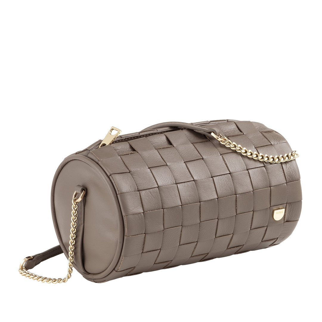 DUDU Sac Cylindre pour Femme en Cuir Véritable Tressé avec Bandoulière en Chaîne, Élégant - Design Artisanal, Sac à Bandoulière Cylindrique de Luxe pour Occasions Décontractées et Spéciales