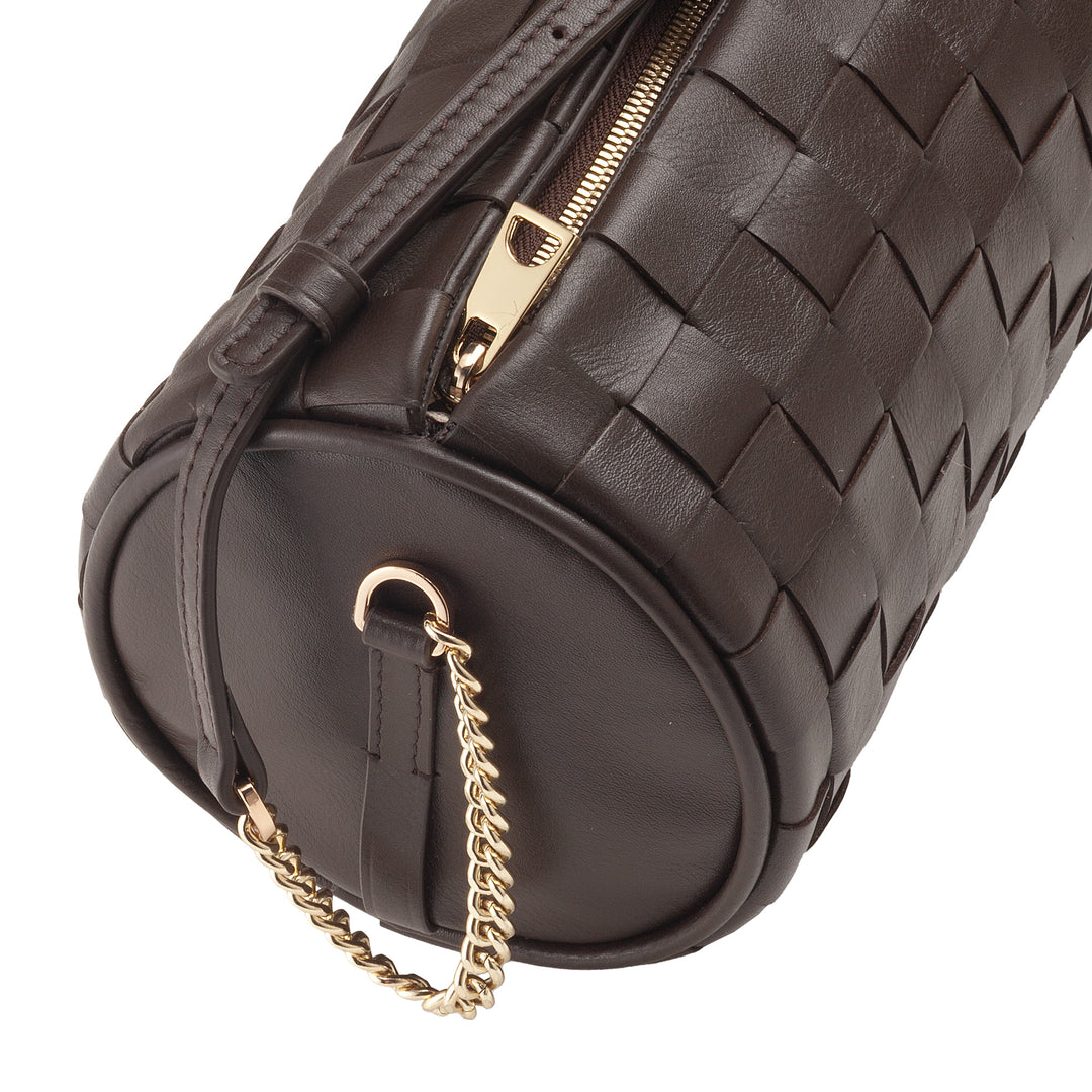 DUDU Sac Cylindre pour Femme en Cuir Véritable Tressé avec Bandoulière en Chaîne, Élégant - Design Artisanal, Sac à Bandoulière Cylindrique de Luxe pour Occasions Décontractées et Spéciales