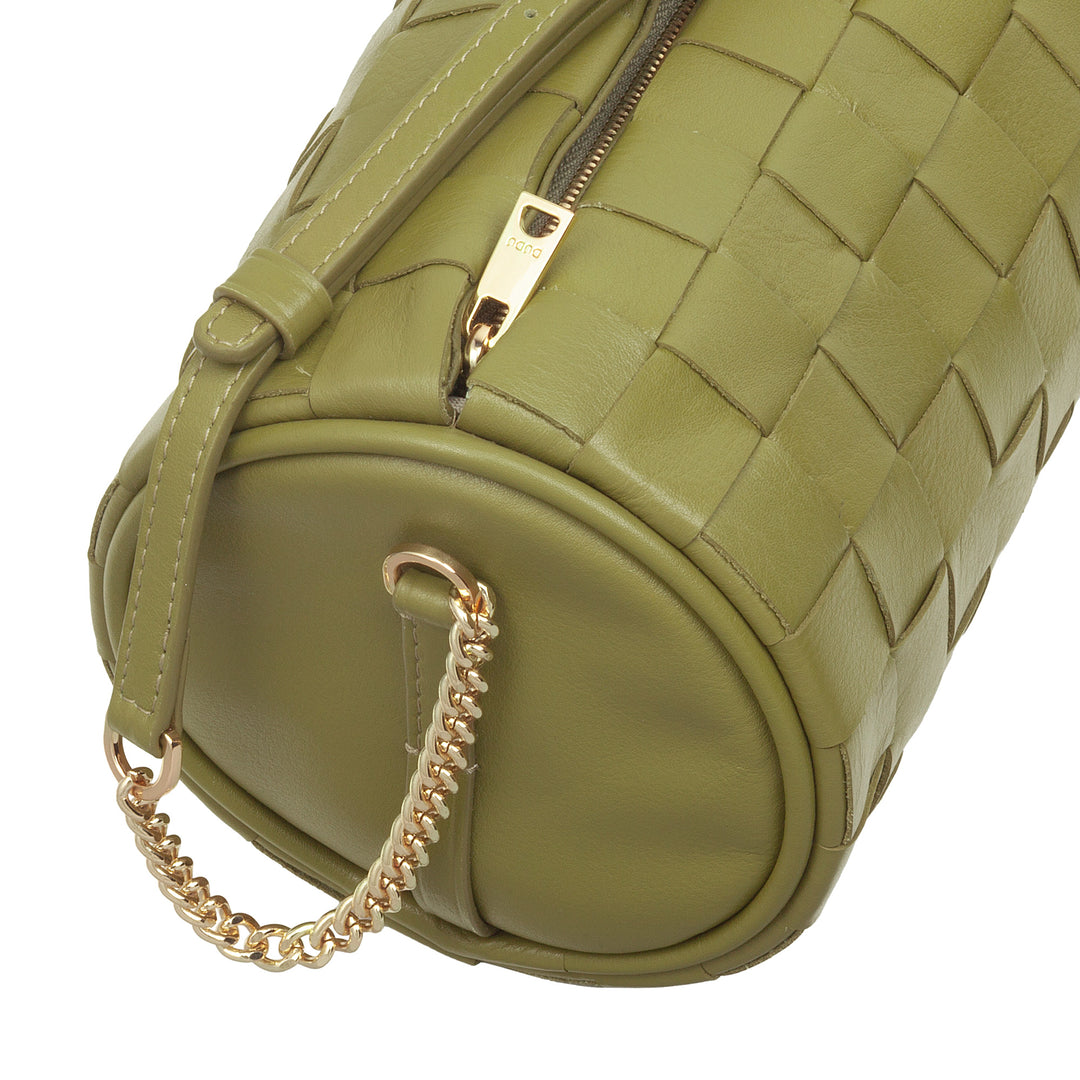 DUDU Sac Cylindre pour Femme en Cuir Véritable Tressé avec Bandoulière en Chaîne, Élégant - Design Artisanal, Sac à Bandoulière Cylindrique de Luxe pour Occasions Décontractées et Spéciales