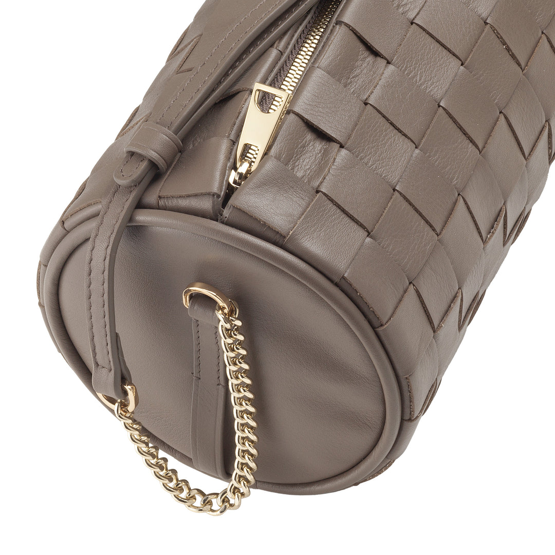 DUDU Sac Cylindre pour Femme en Cuir Véritable Tressé avec Bandoulière en Chaîne, Élégant - Design Artisanal, Sac à Bandoulière Cylindrique de Luxe pour Occasions Décontractées et Spéciales