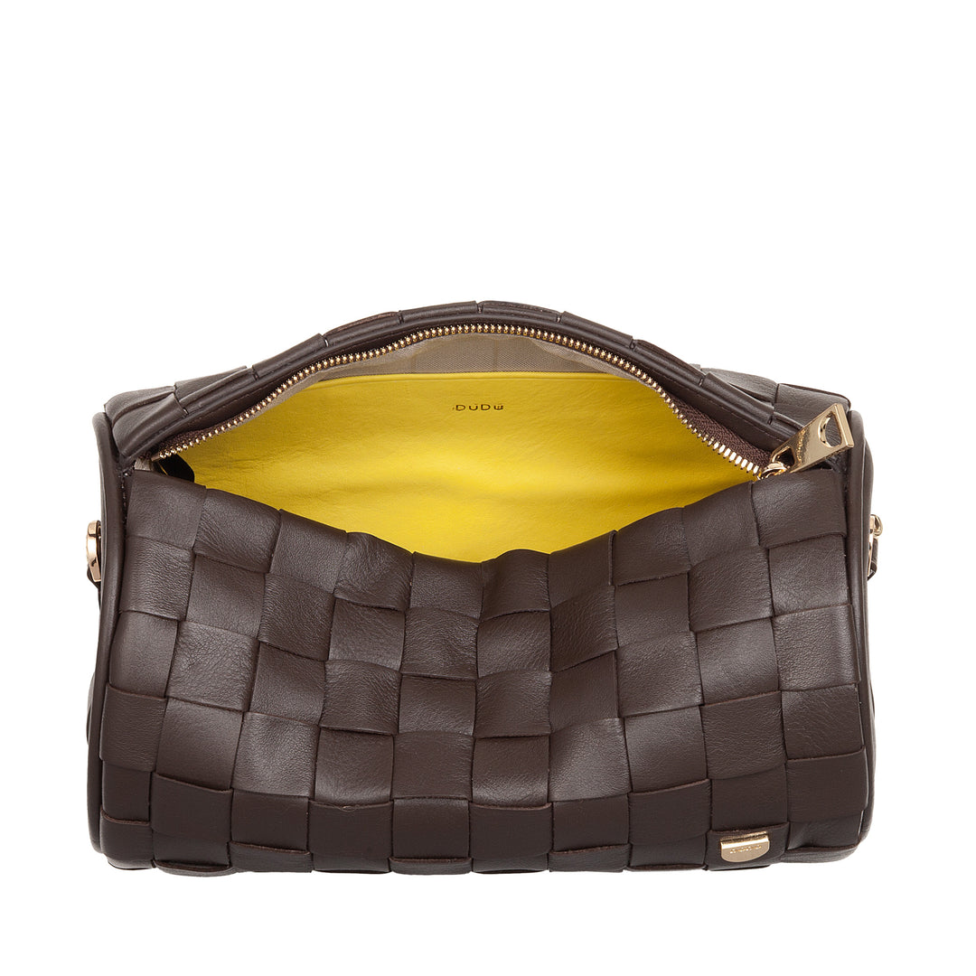 DUDU Sac Cylindre pour Femme en Cuir Véritable Tressé avec Bandoulière en Chaîne, Élégant - Design Artisanal, Sac à Bandoulière Cylindrique de Luxe pour Occasions Décontractées et Spéciales