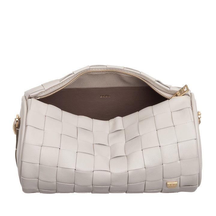 DUDU Sac Cylindre pour Femme en Cuir Véritable Tressé avec Bandoulière en Chaîne, Élégant - Design Artisanal, Sac à Bandoulière Cylindrique de Luxe pour Occasions Décontractées et Spéciales