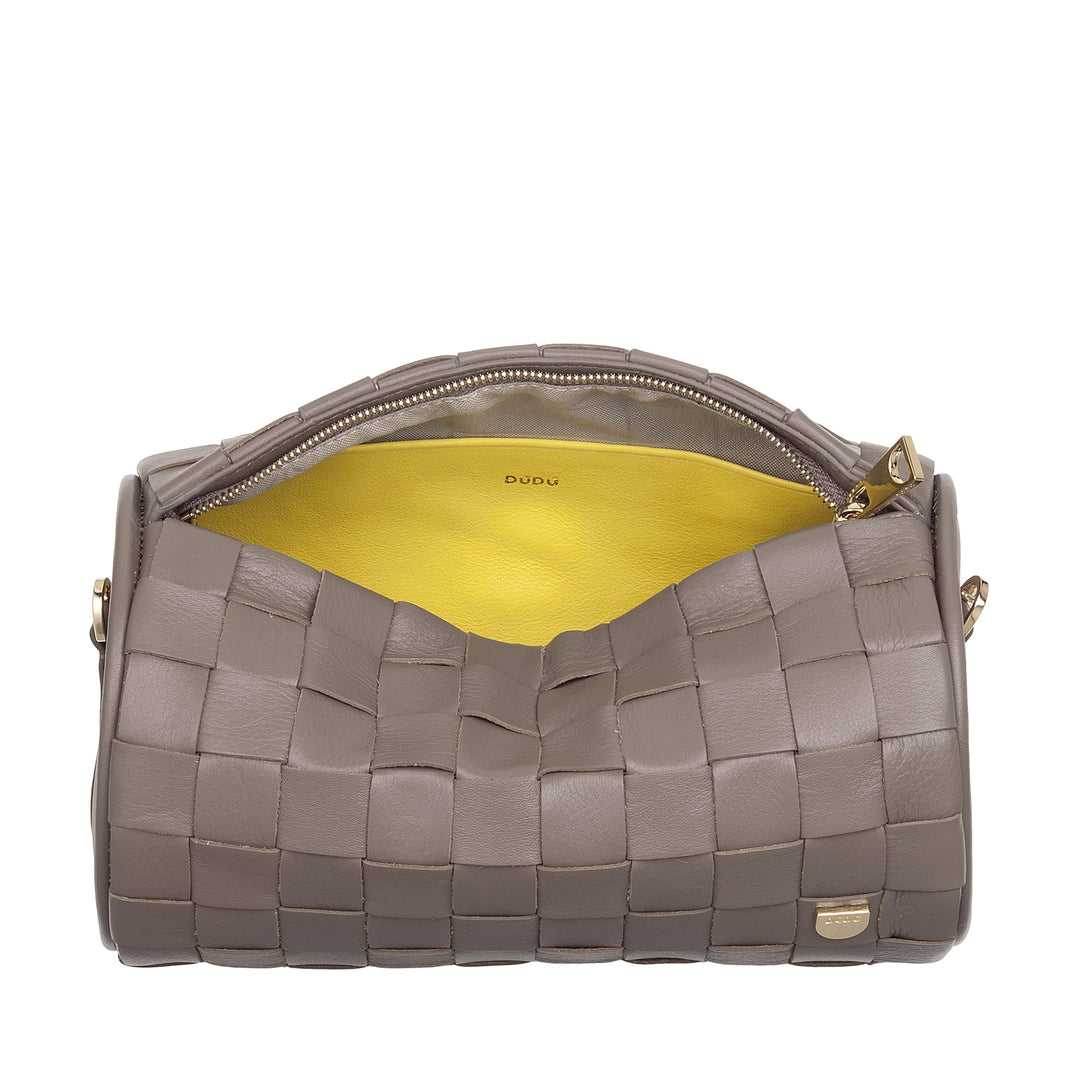 DUDU Sac Cylindre pour Femme en Cuir Véritable Tressé avec Bandoulière en Chaîne, Élégant - Design Artisanal, Sac à Bandoulière Cylindrique de Luxe pour Occasions Décontractées et Spéciales