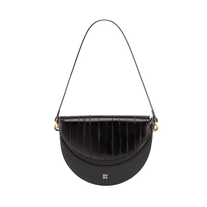 DUDU Sac Bandoulière pour Femme en Cuir Véritable, Croissant Rigide, Fabriqué en Italie, Sac à Main avec Rabat et Double Bandoulière, Fermeture Magnétique