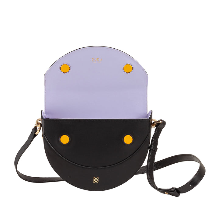 DUDU Sac Bandoulière pour Femme en Cuir Véritable, Croissant Rigide, Fabriqué en Italie, Sac à Main avec Rabat et Double Bandoulière, Fermeture Magnétique