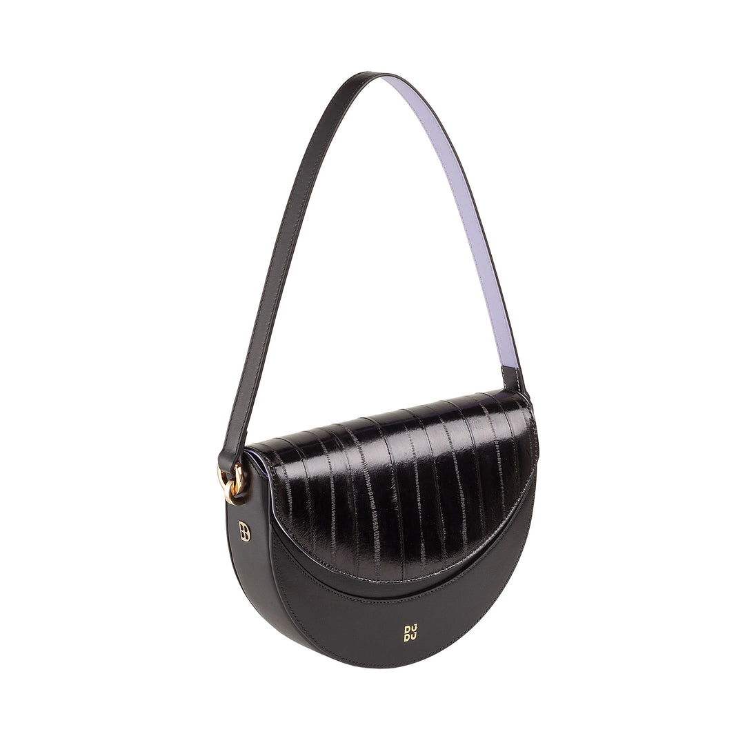 DUDU Sac Bandoulière pour Femme en Cuir Véritable, Croissant Rigide, Fabriqué en Italie, Sac à Main avec Rabat et Double Bandoulière, Fermeture Magnétique